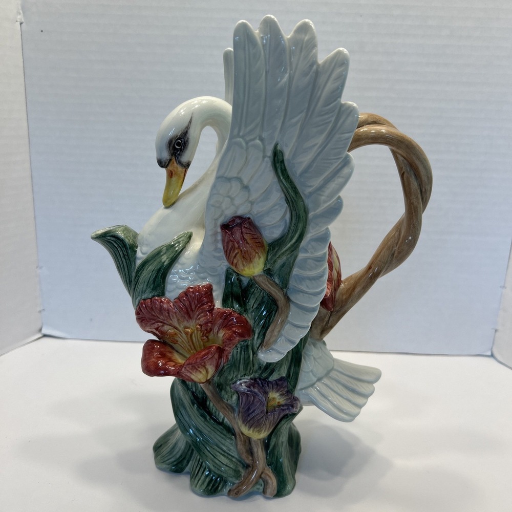 Fitz & Floyd Tulip Swan Pitcher/Carafe/Jug 1 Qt Vintage Hand Painted Ceramic